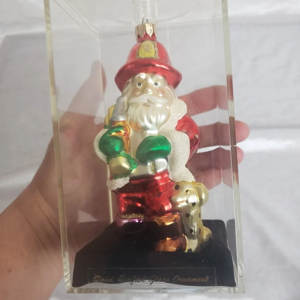 Blown Glass‎ Santa Fireman Dalmatian Ornament Handcrafted In Acrylic Case 5